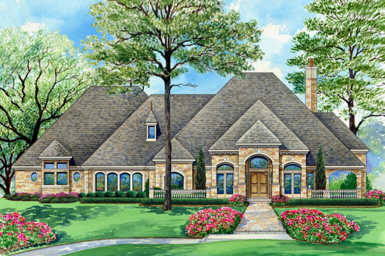 4-Bedroom 1-Story European Home Plan with a Wrap-around Porch and Game Area (Floor Plan)