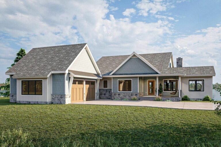 1-Story 4-Bedroom Country Craftsman Home With Waterfront View and Walk-out Basement (Floor Plan)