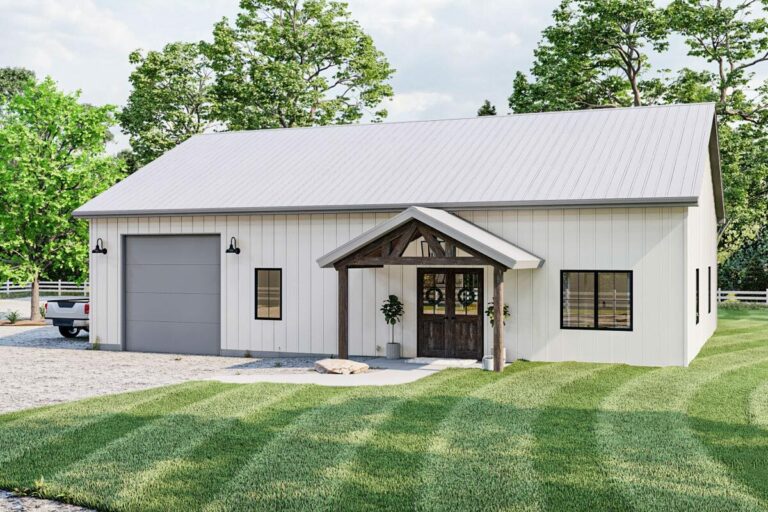 2-Bedroom 1-Story Barndominium-Style House with Drive-Through Shop (Floor Plan)