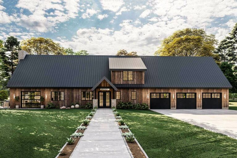 Rustic 3-Bedroom 2-Story Barndominium House with Sun Room and Overhead Doors (Floor Plan)