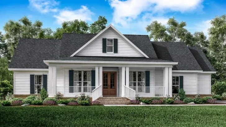 3-Bedroom Single-Story Country Farmhouse With Sprawling Porches (Floor Plan)