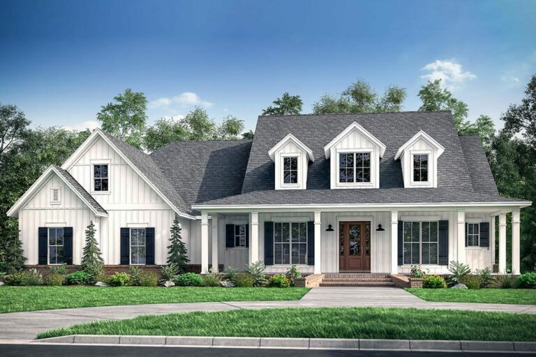 5-Bedroom Dual-Story Farmhouse With Bonus Room Above 3-Car Garage (Floor Plan)