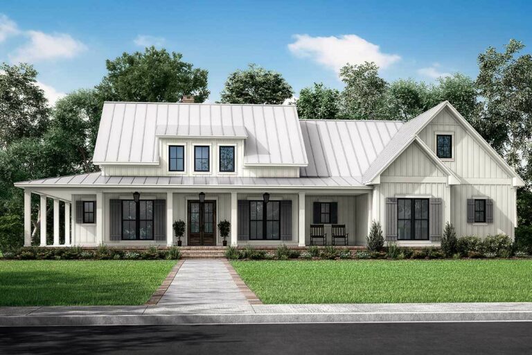 Modern 3-Bedroom 1-Story Farmhouse with 10′-Deep Wrap Around Porch and a Bonus Room (Floor Plan)