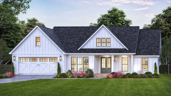 3-Bedroom 1-Story Modern Farmhouse with Spacious Living Space and Home Office (Floor Plan)