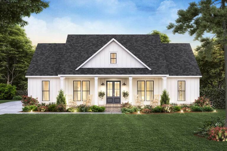 Modern 3-Bedroom 1-Story Farmhouse with Perfect Exterior Symmetry (Floor Plan)