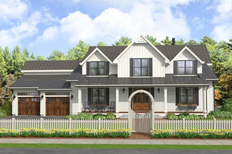 2-Story 5-Bedroom Modern Farmhouse With Classic Covered Porch and Upstairs Master (Floor Plan)