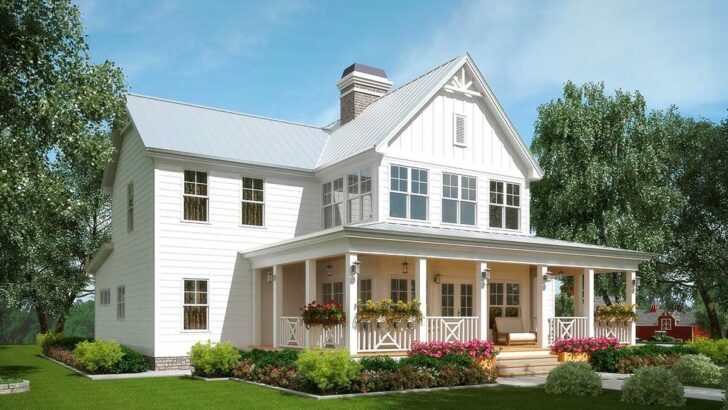 3-Bedroom Dual-Story Farmhouse With See-Through Fireplace (Floor Plan)