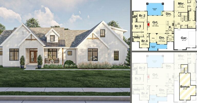 Modern 4-Bedroom 1-Story Farmhouse with 2-Car Garage and Bonus Expansion Room (Floor Plan)