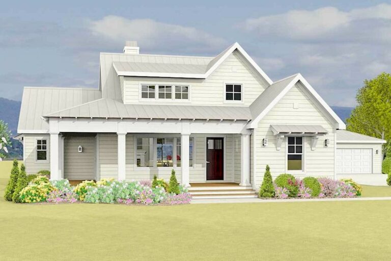 3-Bedroom 1-Story Country Farmhouse With L-shaped Porch and Detached Garage (Floor Plan)