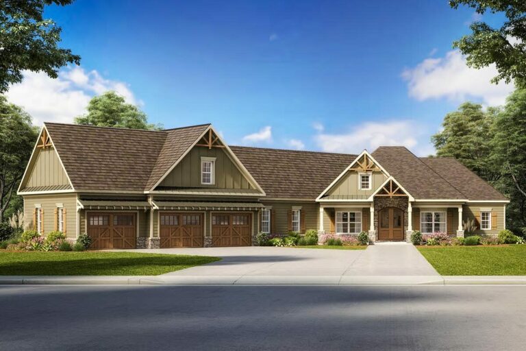 2-Story 4-Bedroom Country Craftsman Home With Angled 3-Car Garage and Bonus Over Garage (Floor Plan)