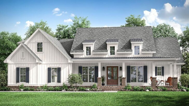 Modern-Style 4-Bedroom 2-Story Farmhouse with Three Dormers (Floor Plan)