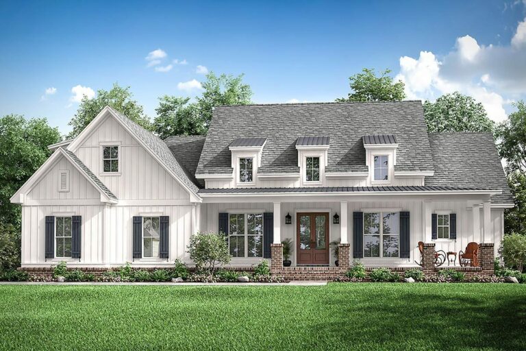 Modern-Style 4-Bedroom 2-Story Farmhouse with Three Dormers (Floor Plan)