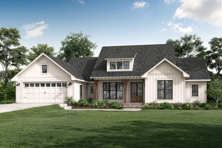 New American 3-Bedroom 1-Story Farmhouse With Shed Dormer Above Open Rafter Tail Porch (Floor Plan)