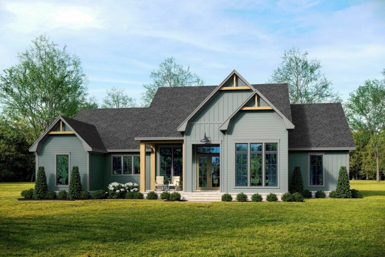 3-Bedroom Single-Story Modern Farmhouse with Spacious Rear Porch (Floor Plan)