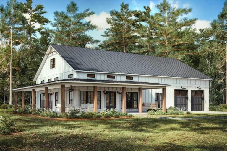 Barndominium-Style 3-Bedroom Single-Story Farmhouse with Wrap-Around Porch (Floor Plan)