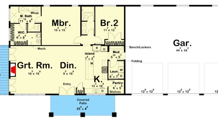 2-Bedroom 1-Story Barndominium-Style House with Covered Patio and 3-Car Garage (Floor Plan)