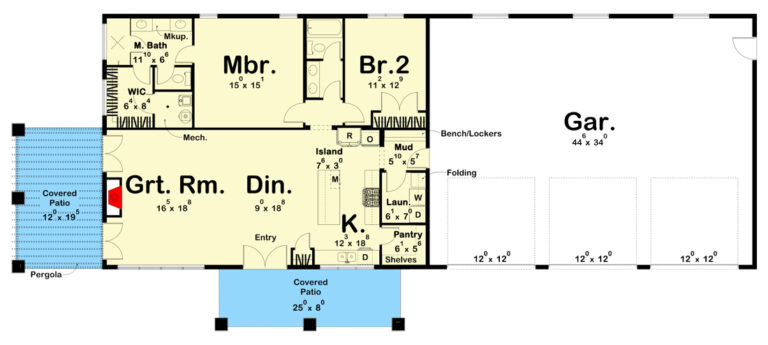 2-Bedroom 1-Story Barndominium-Style House with Covered Patio and 3-Car Garage (Floor Plan)
