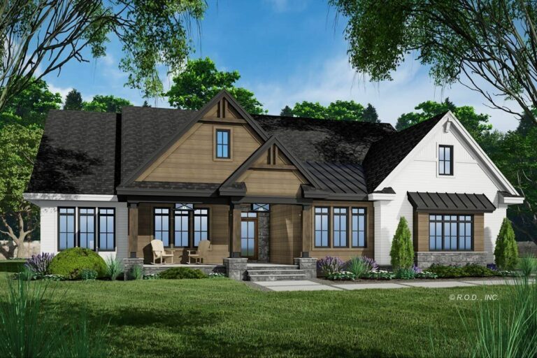 Single-Story 4-Bedroom Transitional Farmhouse with Private Master Suite Porch (Floor Plan)