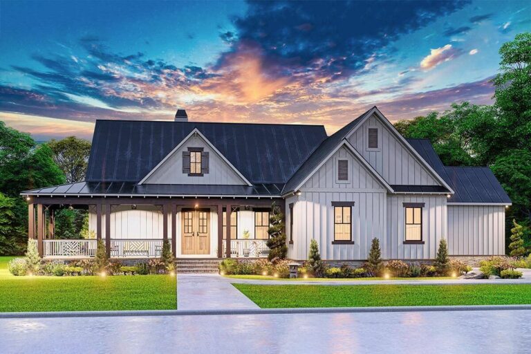 New American 3-Bedroom Single-Story Farmhouse with 2-Car Garage (Floor Plan)