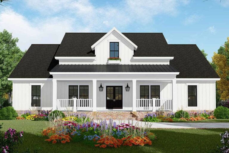 4-Bedroom One-Story Modern Farmhouse With 2-Car Garage and Bonus Room Above (Floor Plan)
