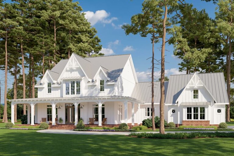 Modern 4-Bedroom 2-Story Gothic Farmhouse With Wrap-Around Front Porch (Floor Plan)