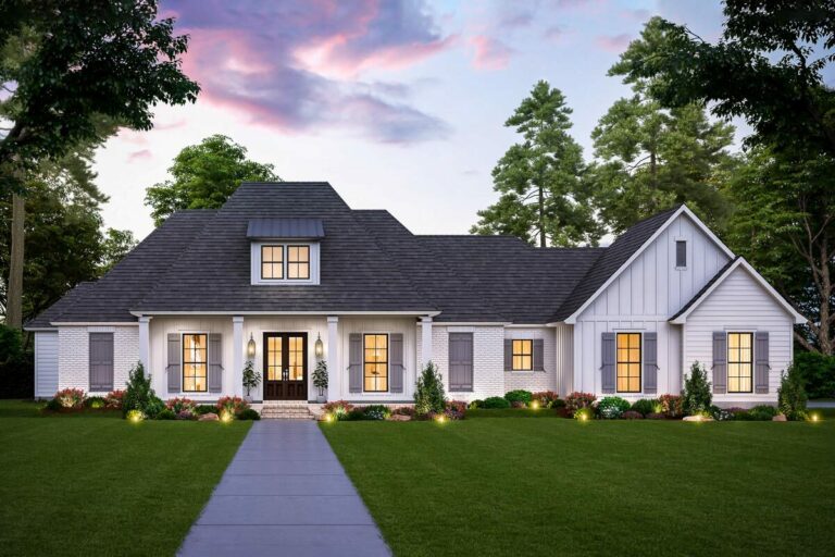 4-Bedroom Single-Story New Acadian House With Brick and Board and Batten Exterior (Floor Plan)