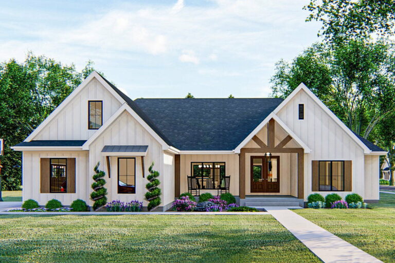 4-Bedroom Single-Story New American House With Wood Beam Accents (Floor Plan)