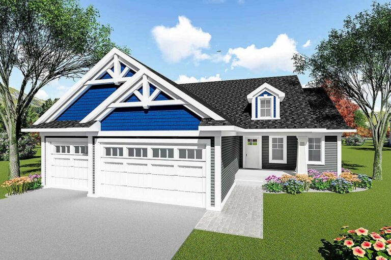 3-Bedroom 1-Story Craftsman Ranch House with Open-Concept Design (Floor Plan)