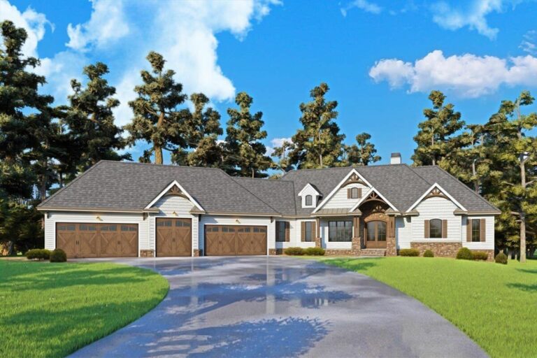 4-Bedroom 1-Story Mountain Craftsman House With Angled 5-Car Garage (Floor Plan)
