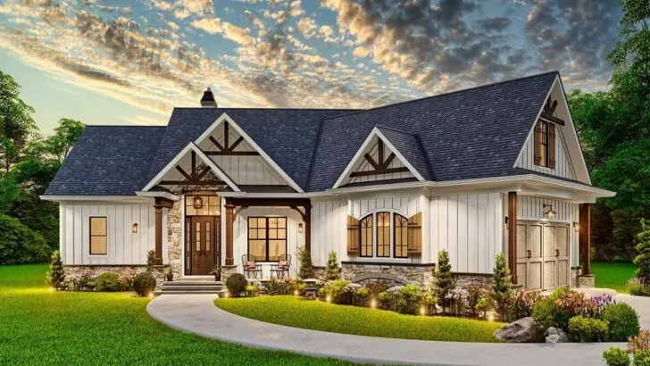 3-Bedroom Single-Story Rustic Craftsman House with Angled 2-Car Garage (Floor Plan)