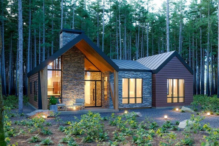 3-Bedroom One-Story Modern Mountain House with Stacked Stone Fireplace (Floor Plan)