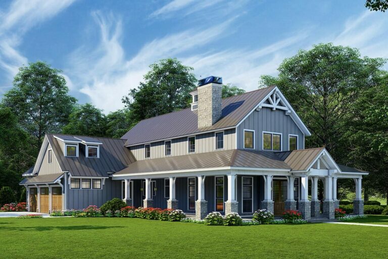 3-Bedroom 2-Story Rustic Home With Wraparound Porch, 2-Story Great Room and 3-Car Garage (Floor Plan)