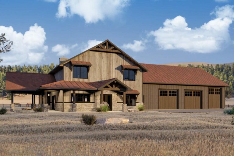 4-Bedroom Dual-Story Barndominium Style Home with Massive Garage, Wraparound Porch and 2-tory Living Room (Floor Plan)
