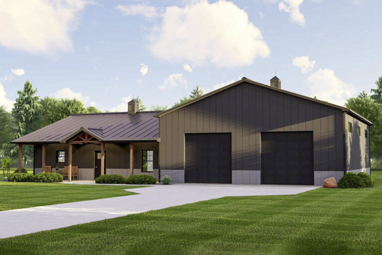 2-Bedroom Single-Story Barndominium Style House with Man Cave (Floor Plan)