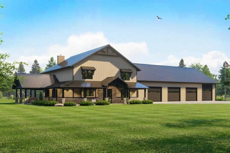 Dual-Story 3-Bedroom Barndominium House with Oversized 4-Car Garage (Floor Plan)