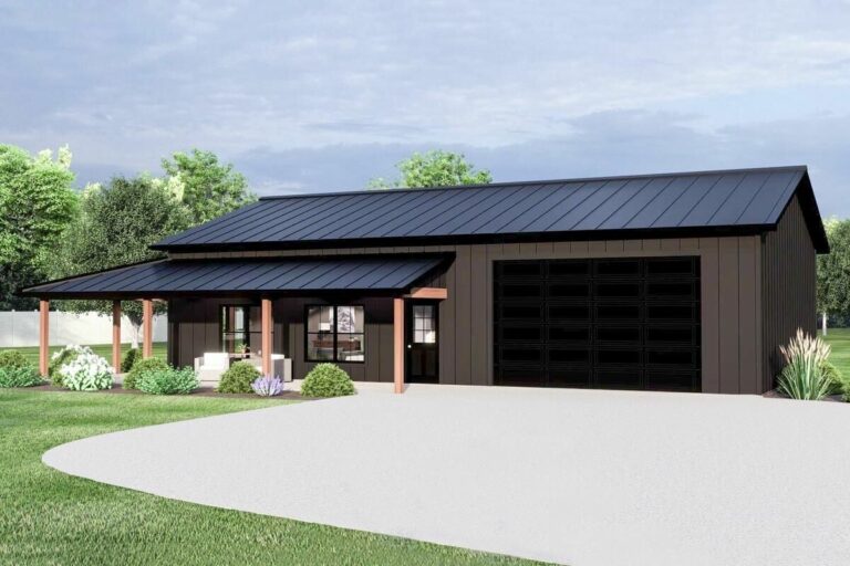 One-Story 2-Bedroom Barndominium Style House with Spacious Porch (Floor Plan)