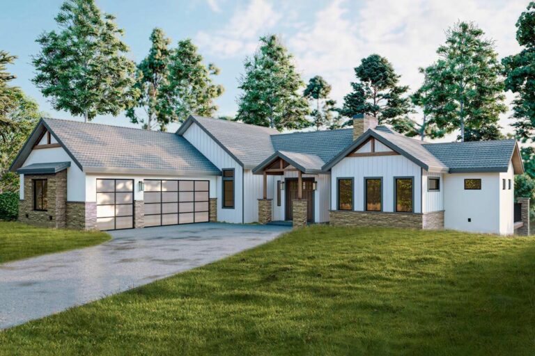 6-Bedroom 1-Story Rustic Ranch House with Motor Courtyard and Finished Basement (Floor Plan)