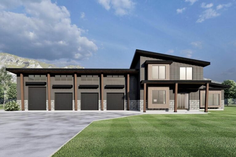 Modern 2-Story 3-Bedroom Barndominium Style House with 4-Car Garage and Workshop (Floor Plan)