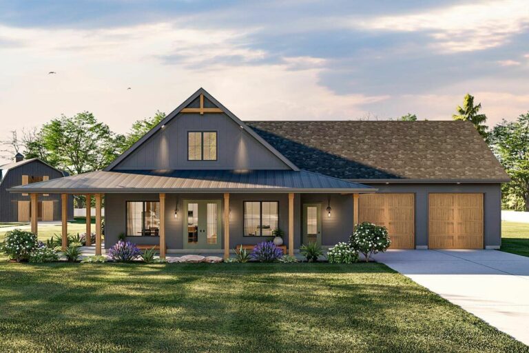 One-Story 3-Bedroom Barndominium-Style Farmhouse with 3-Car Garage (Floor Plan)
