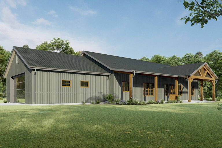 Single-Story 3-Bedroom Barndominium House with Front and Rear Porches (Floor Plan)