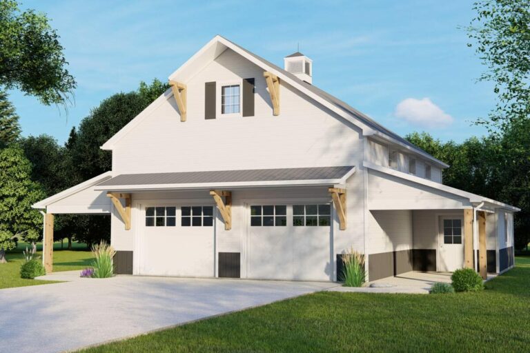 3-Car 1-Story Detached Barn Style Garage with Covered Porches (Floor Plan)