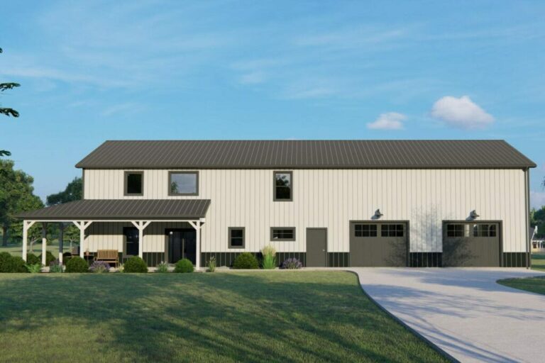 2-Story 5-Bedroom Barndominium House with 10′ Deep Front and Rear Porches (Floor Plan)