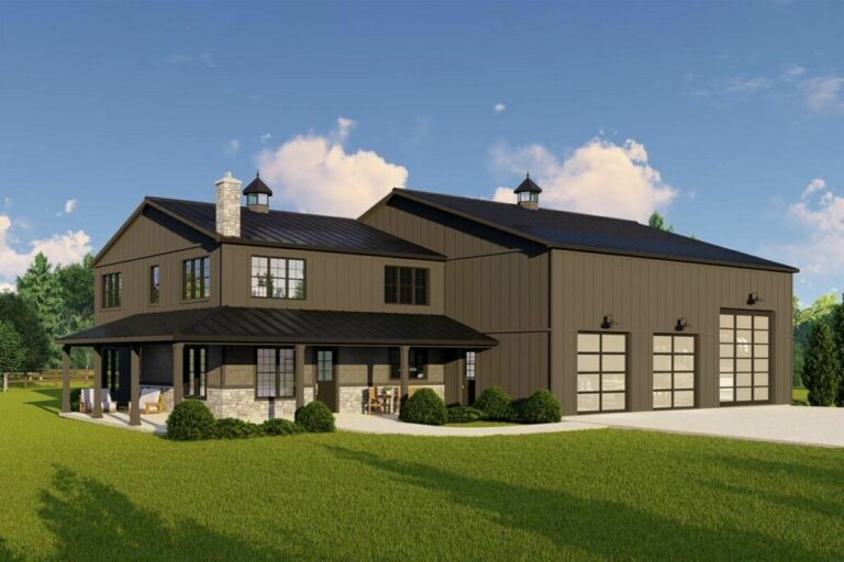 Rustic Mountain Style 2-Story 3-Bedroom Barndominium House with Oversized Garage (Floor Plan)