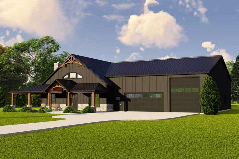 3-Bedroom Two-Story Farmhouse-Inspired Barndominium House with Wraparound Porch and 4-Car Garage (Floor Plan)