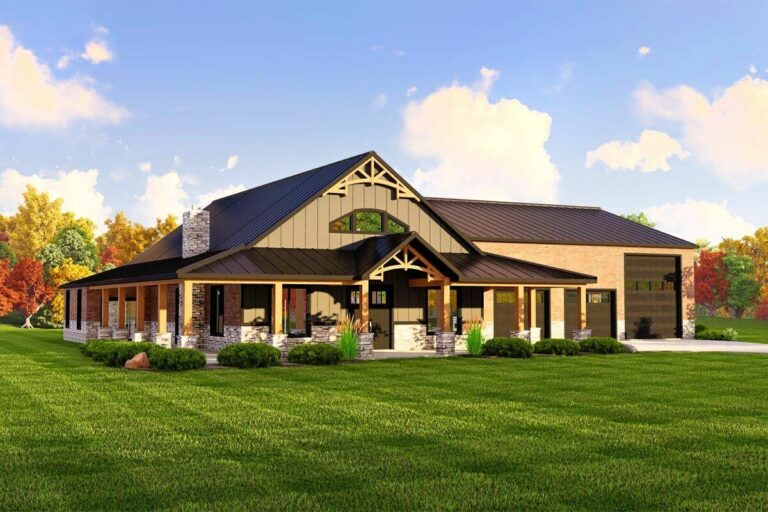 Dual-Story 3-Bedroom Farmhouse-Inspired Barndominium House with Wraparound Porch (Floor Plan)