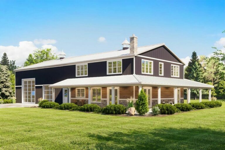 Dual-Story 3-Bedroom Country Style Barndominium House with Drive-Through RV Bay and Wraparound Porch (Floor Plan)