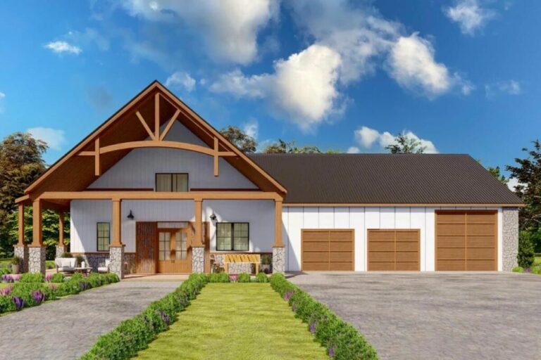 Rustic 3-Bedroom 2-Story Barndominium Style House with Grand Front Porch (Floor Plan)