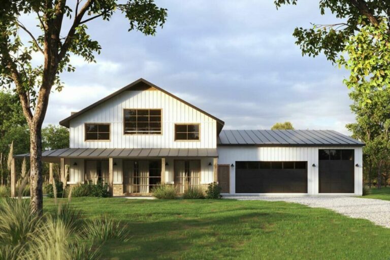 4-Bedroom Dual-Story Country Barndominium House with 2-Story Great Room and Wraparound Porch (Floor Plan)