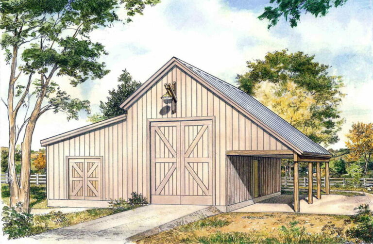 2-Car 1-Story Rustic Barn Style Drive-Through Garage with Additional Workshop Space (Floor Plan)