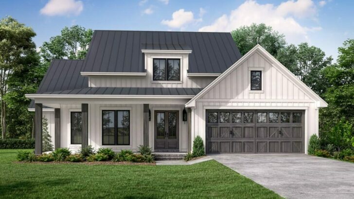 3-Bedroom 1-Story Modern Farmhouse with L-Shaped Front Porch (Floor Plan)